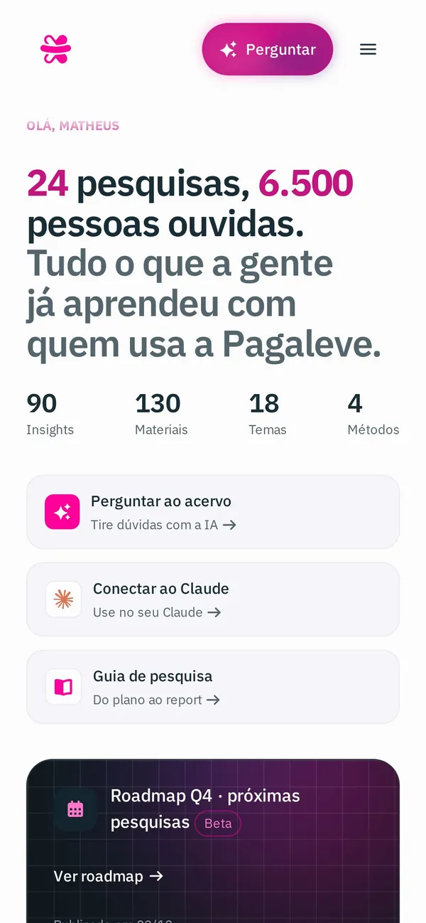Home do Research Hub no celular.