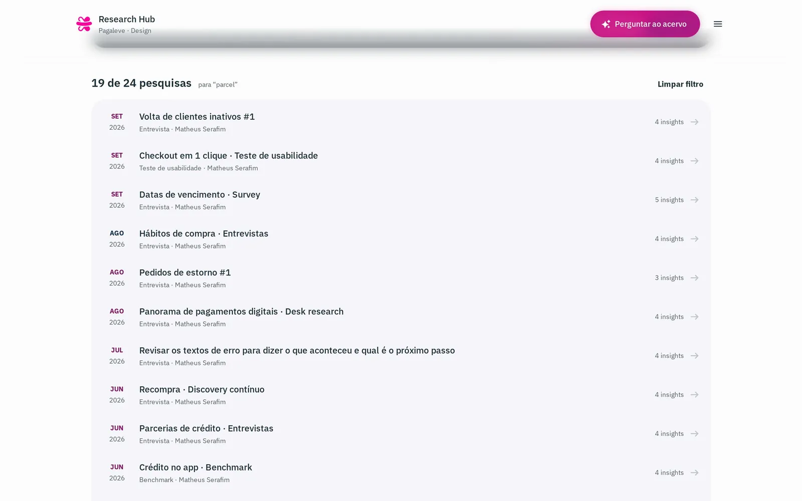 Resultados de busca no desktop: uma lista de estudos com método, mês e ano.