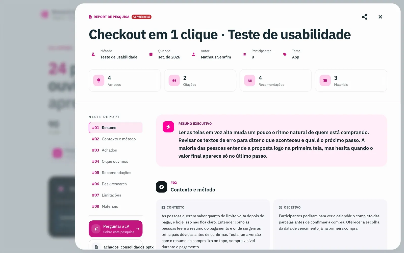 O relatório de um estudo no desktop: a capa de um teste de usabilidade do checkout em um clique, os detalhes, um resumo executivo e um menu de seções.