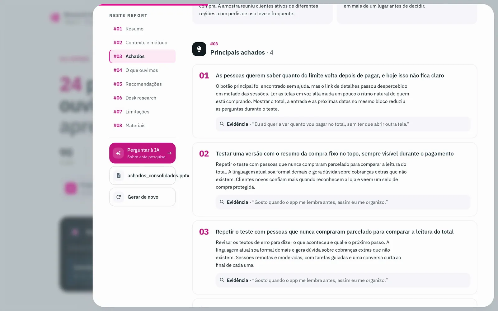 Principais achados no desktop: achados numerados, cada um com uma citação como evidência.