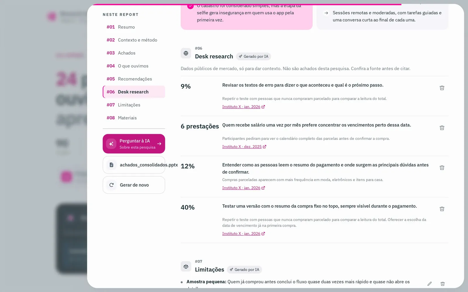 Desk research e limitações no desktop: uma seção gerada por IA citando dados públicos de mercado, seguida das limitações do estudo.