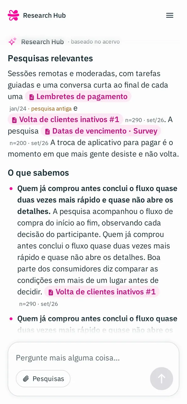 Uma resposta com citações de estudos no celular.