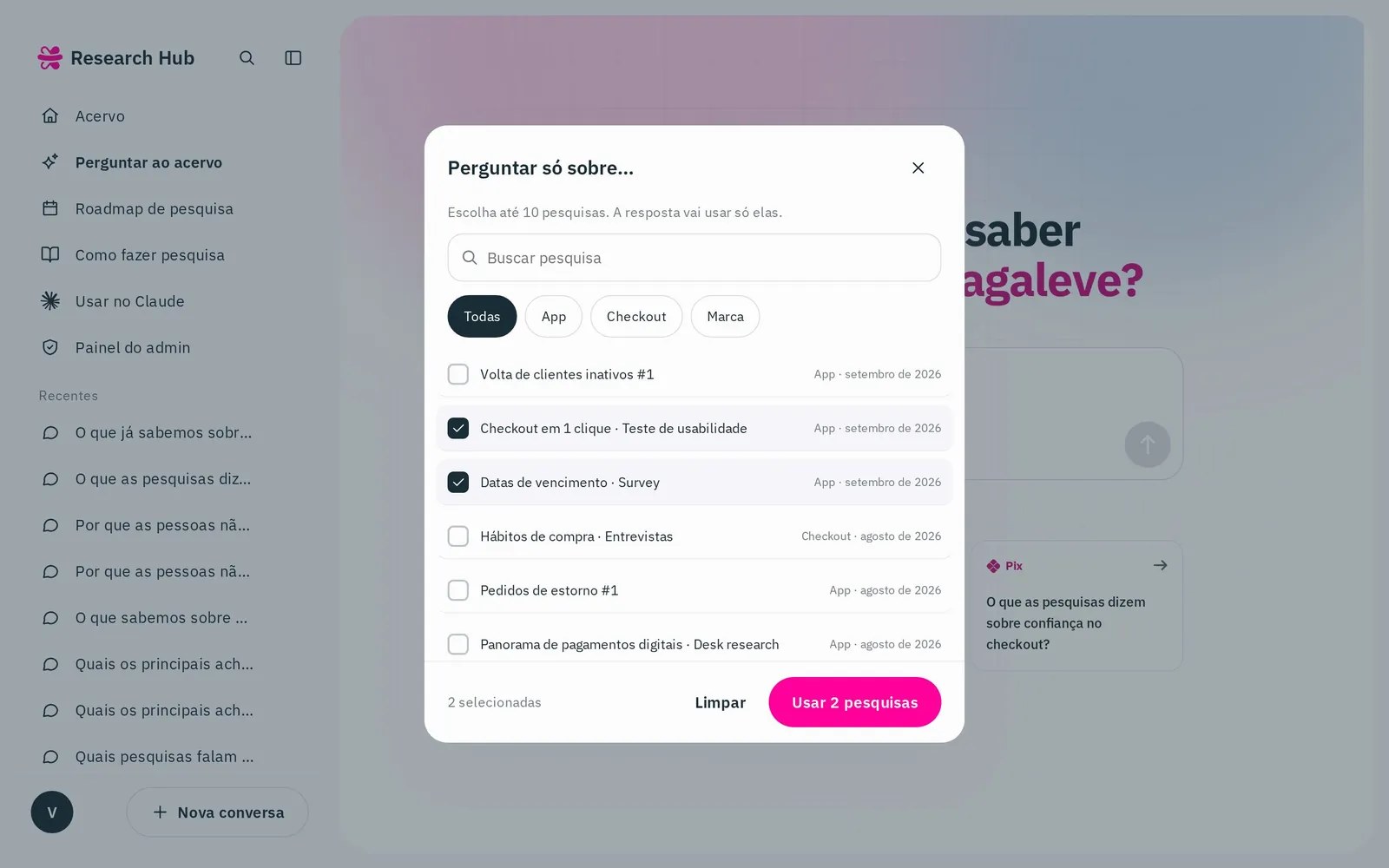 Uma janela no desktop para escolher até dez estudos, com busca e filtros por área.