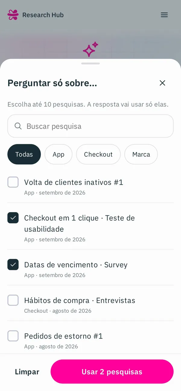 O mesmo seletor de estudos como bottom sheet no celular.