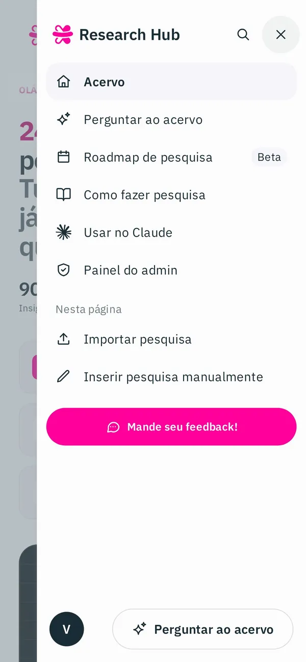 O menu do produto como gaveta no celular.