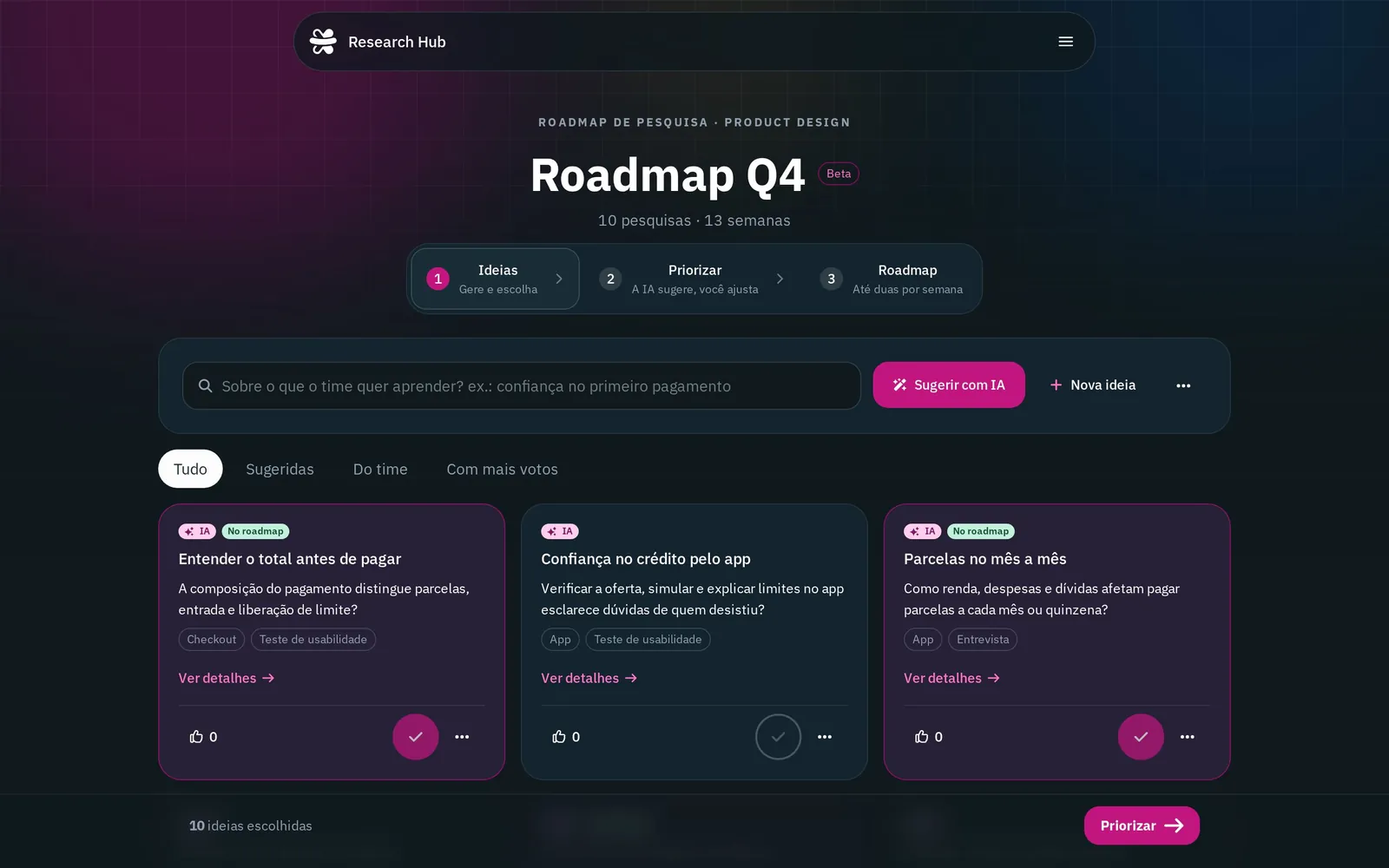 Primeiro passo do roadmap no desktop: cards de ideias do time e da IA, com um botão “sugerir com IA”.