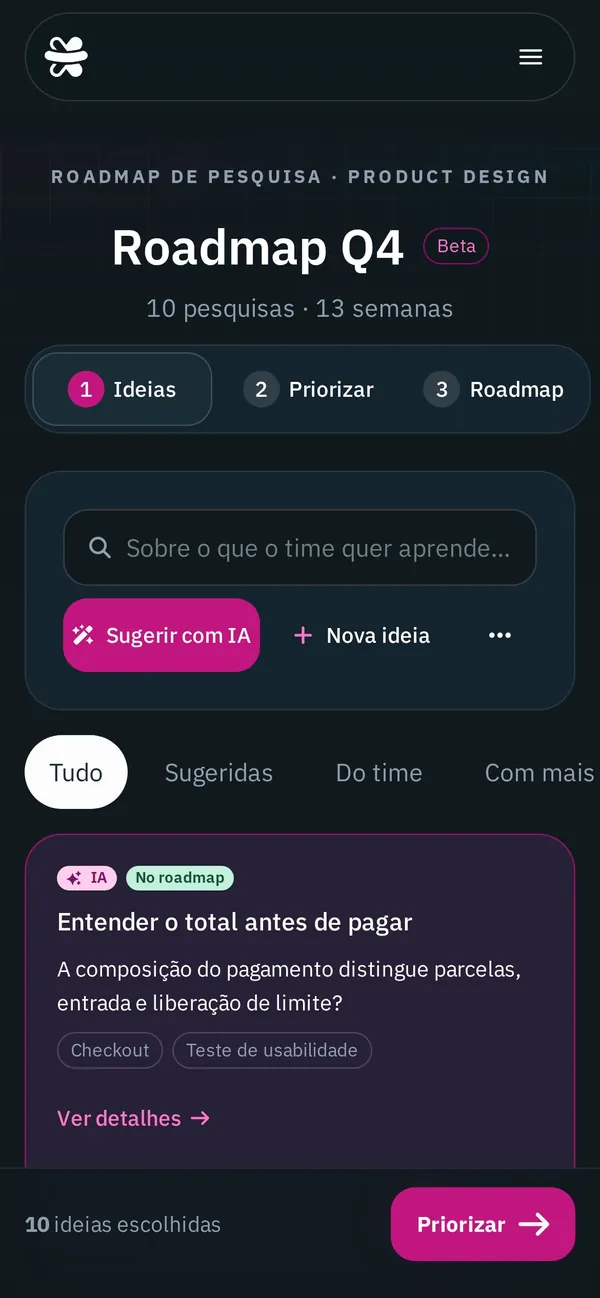 Ideias do roadmap no celular.