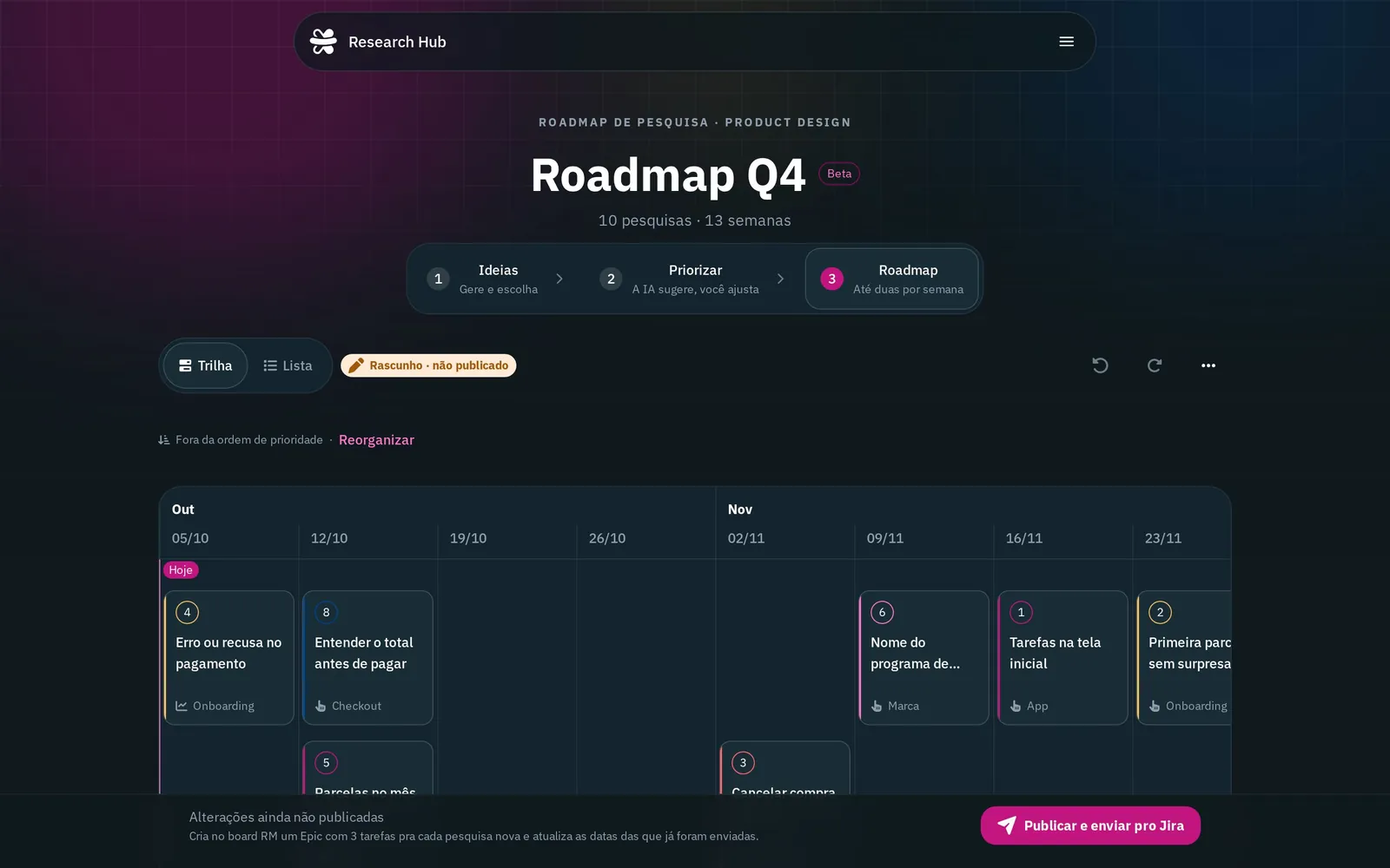 Terceiro passo do roadmap no desktop: um calendário semana a semana, um selo de rascunho e um botão para publicar e mandar para o Jira.