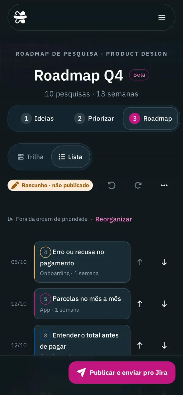 O roadmap como lista semanal no celular.