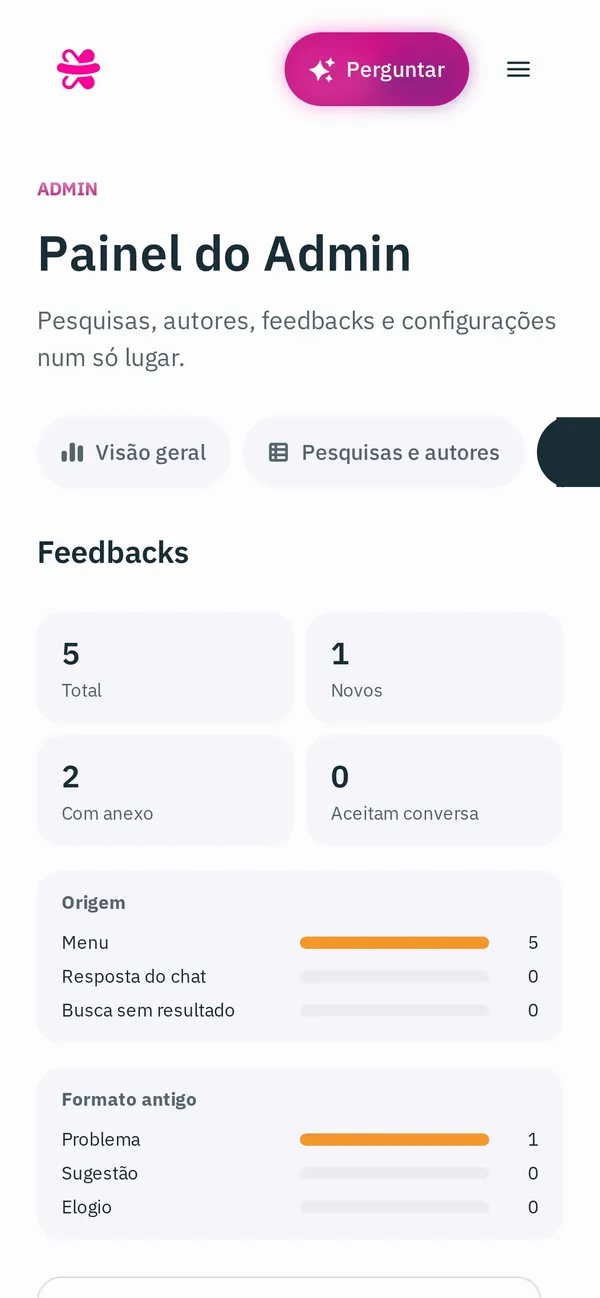 O painel de admin no celular.